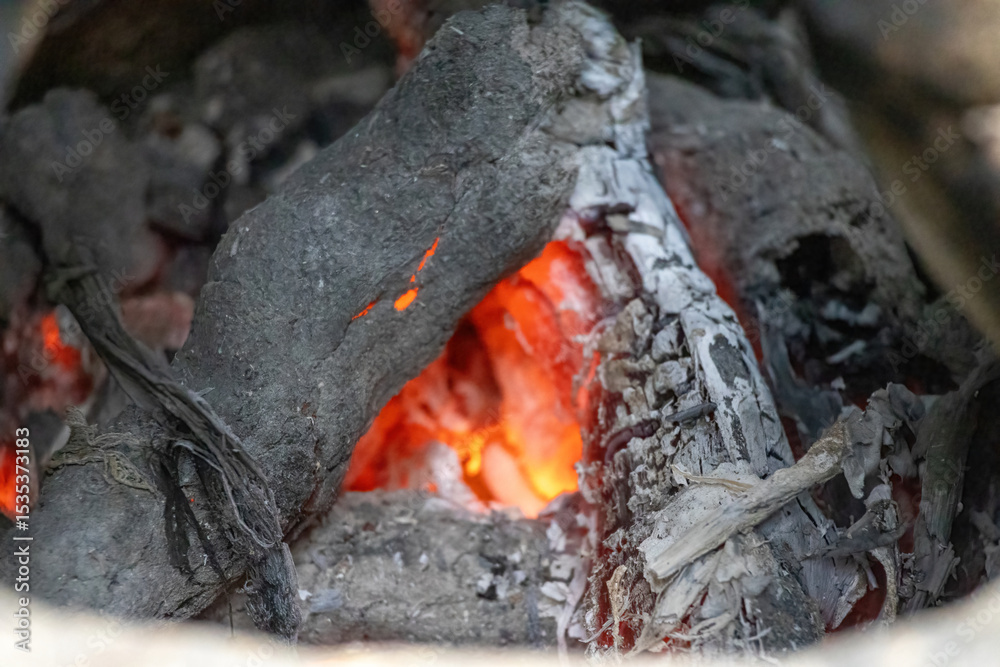 Burnt firewood coal and red hot embers in a clay stove after cooking, Bangladesh village home. Close-up inside rural kitchen. Burnt firewood coal and red hot embers in a clay stove after cooking, Bangladesh village home. Close-up inside rural kitchen.