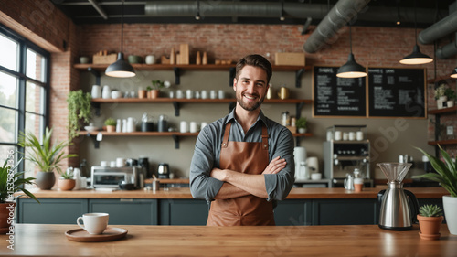 Modern Barista Behind Wooden Counter - Café Owner with Digital Menu and Branded Decor for Consistent Brand Experience Across Platforms
