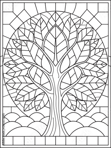 Tree of life pattern coloring page stained glass art therapy style