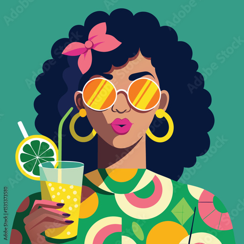 Stylish woman with afro enjoying a citrus drink