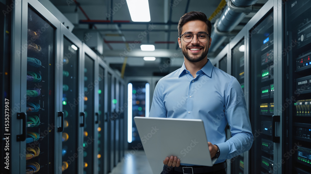 Obraz premium Confident IT Specialist with Laptop in Server Room – Network Administrator at Data Center for System Administrator Day Celebration
