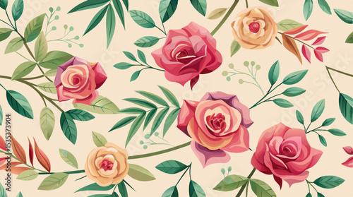 Wallpaper Mural Elegant Floral Pattern with Vintage Roses and Green Leaves Torontodigital.ca