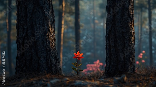Single orange flower amidst dark forest trees.