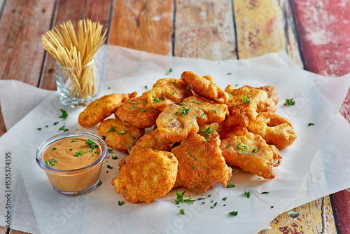 southern fried chicken and alligator bites served with a spicy dipping sauce on parchment paper