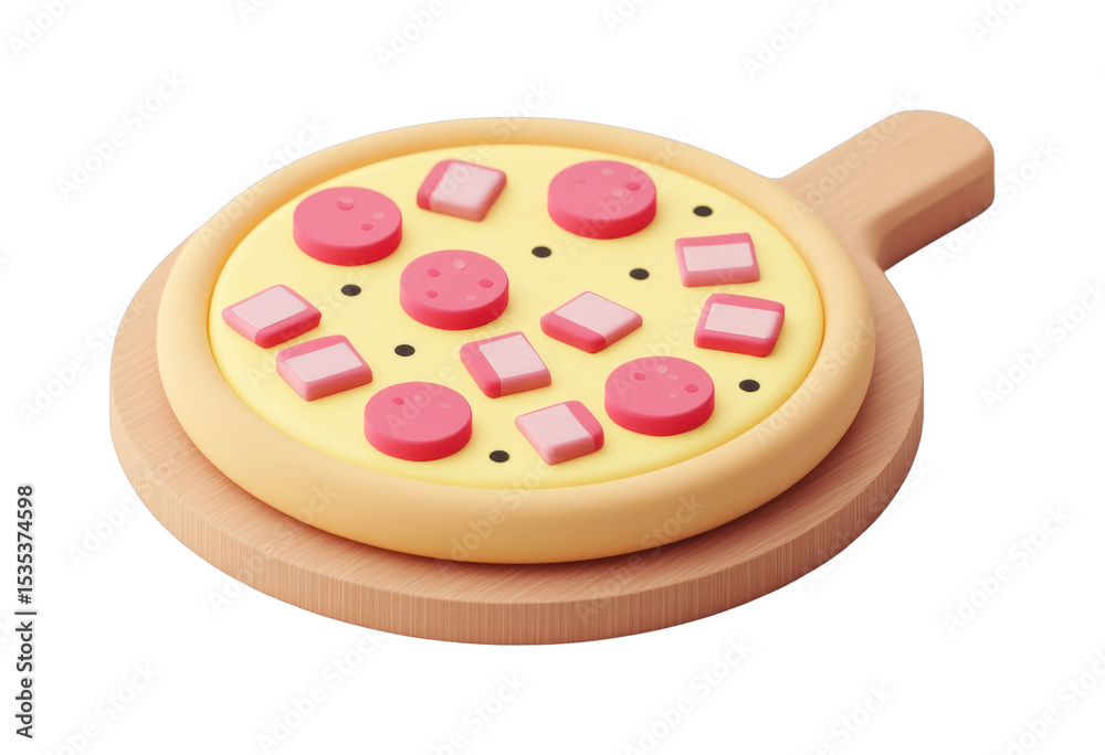Toy pizza with pepperoni and cheese on wooden base Toy pizza with pepperoni and cheese on wooden base