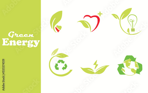 Set of clean eco-friendly green illustration icons depicting green energy, zero waste and sustainability themes on a white background