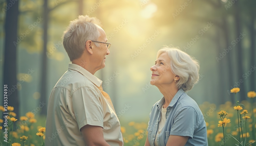 Elderly Couple Smiling Facing Each Other in Sunlit Park with Yellow Flowers Elderly Couple Smiling Facing Each Other in Sunlit Park with Yellow Flowers