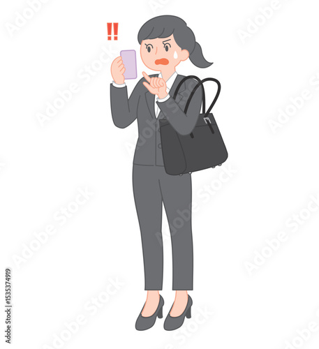 スマホを見て焦る就活生のイラスト（パンツスタイル）/Job-Hunting Woman Panicking While Checking Her Smartphone (Pants Style)