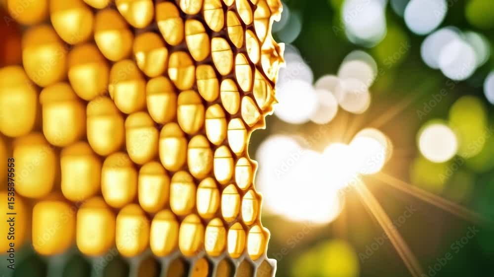 Close up of a golden honeycomb against a green blurred background and bright sunburst