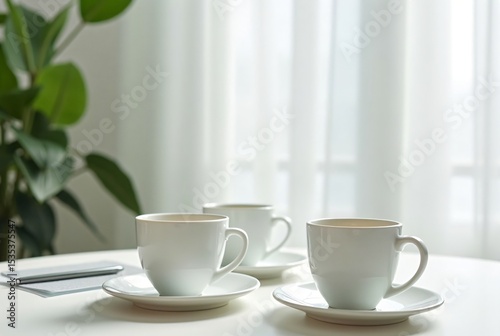 Minimalist Workspace Setting with White Tea Cups and Plant