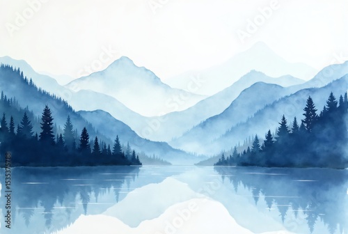 Misty Blue Mountainscape_ A Serene Watercolor Painting