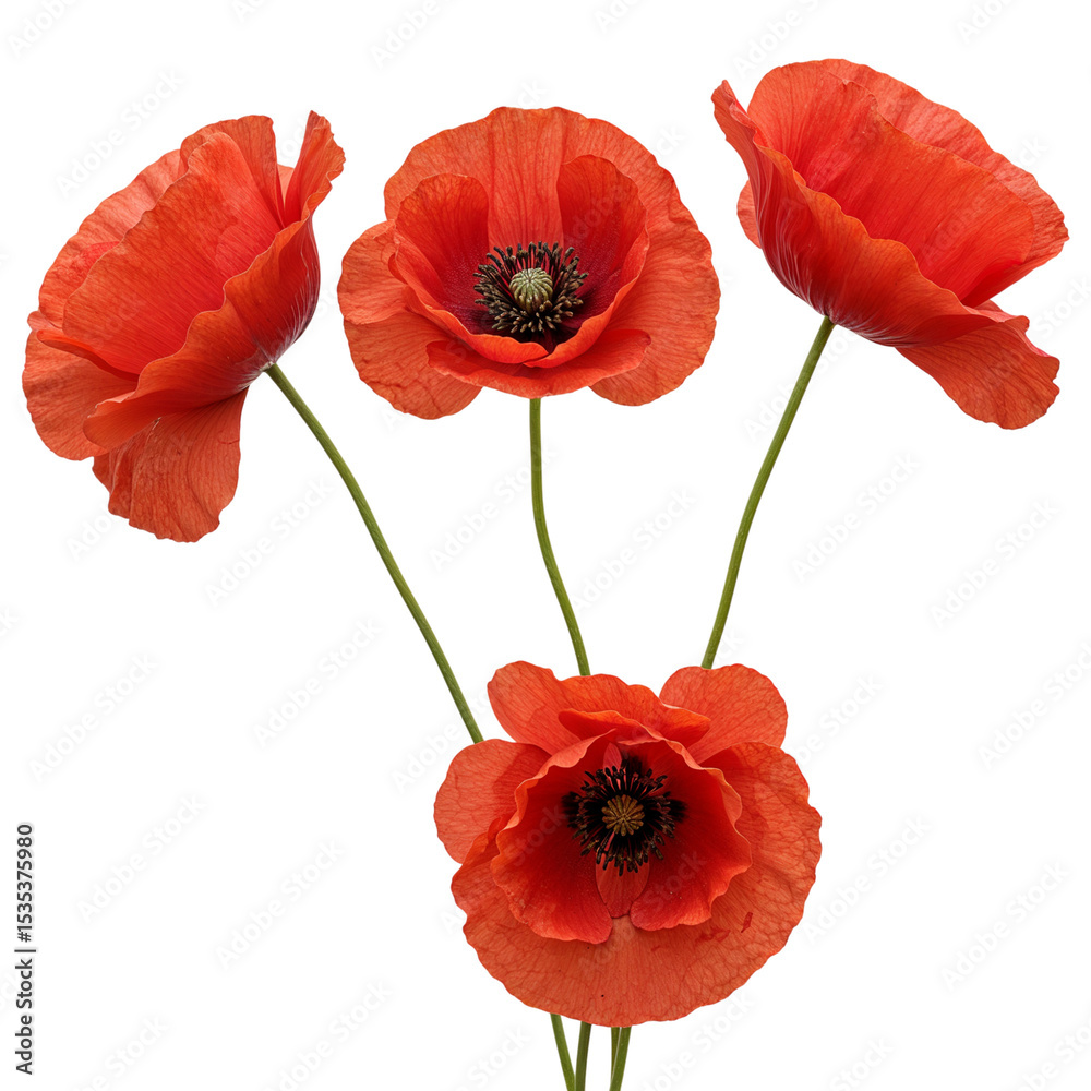Fototapeta premium Three red poppies isolated on transparent background