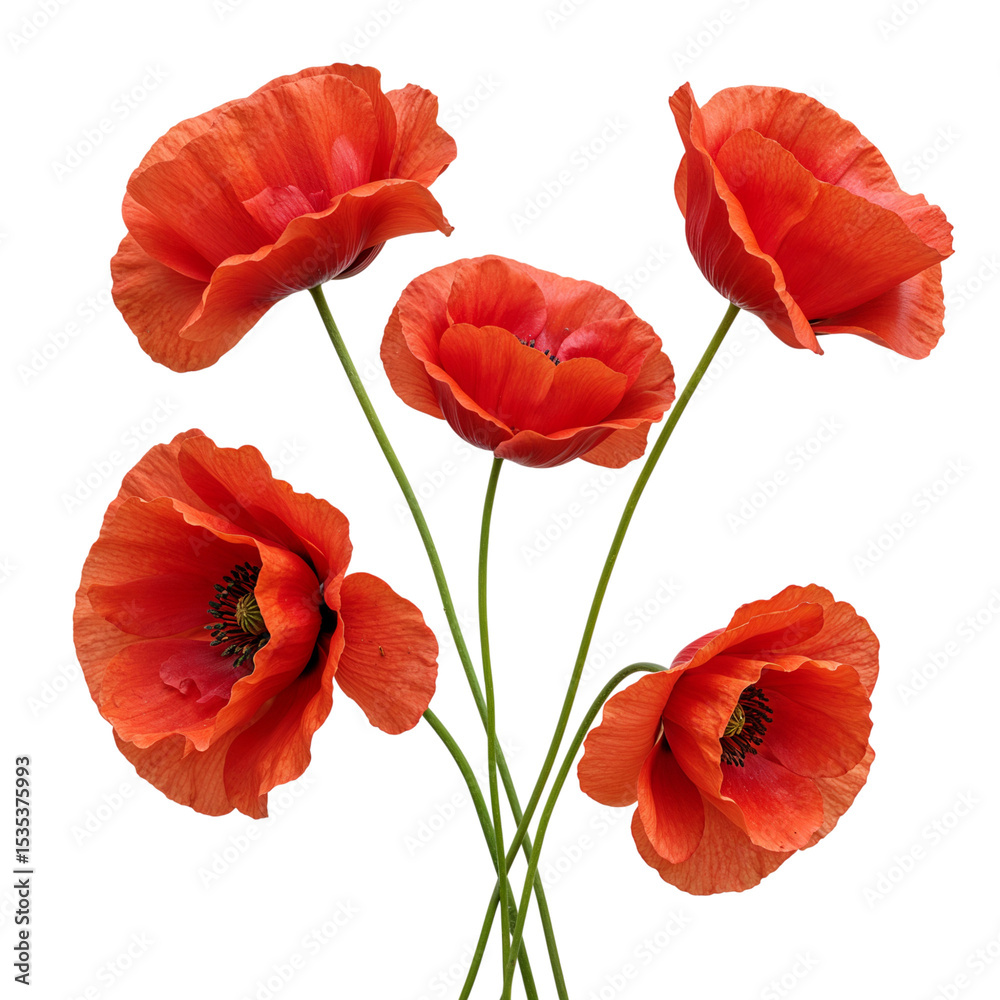 Fototapeta premium Five orange poppies bouquet isolated on transparent background