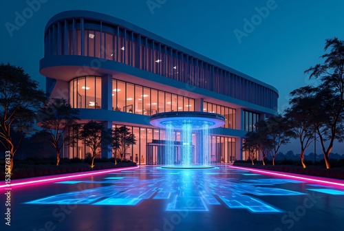 Modern Building Exterior at Night with Holographic Swings and Neon Lights