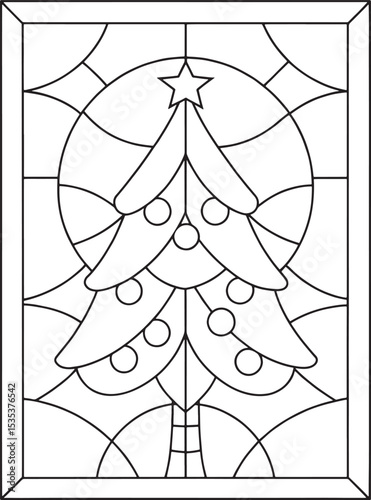 Christmas tree stained glass coloring page for adults and kids