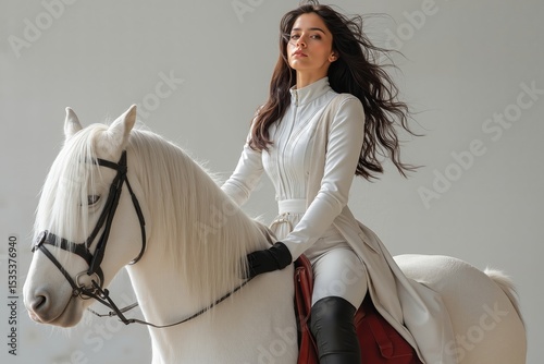 A woman riding on the back of a white horse photo