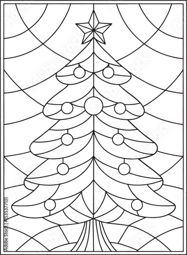 Christmas tree adult coloring page in stained glass style