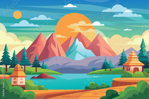 Vibrant Sunrise Mountain Landscape Serene Lake and Majestic Peaks Illustration