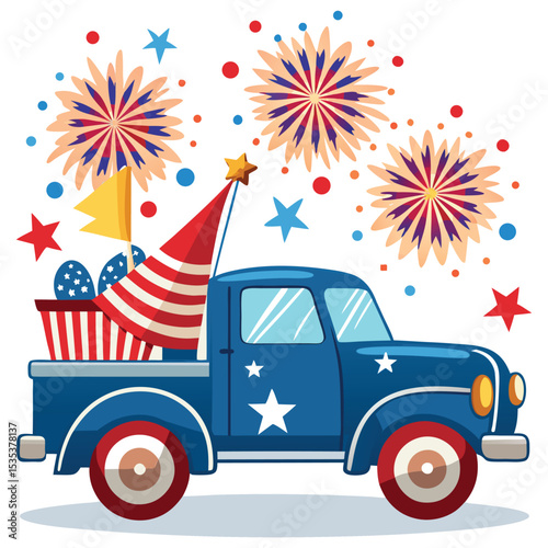 Patriotic truck with fireworks for independence day celebration illustration design template graphic