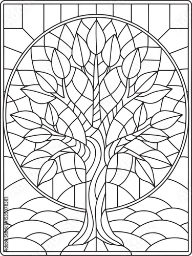 Stained glass tree of life coloring page for adults and therapy