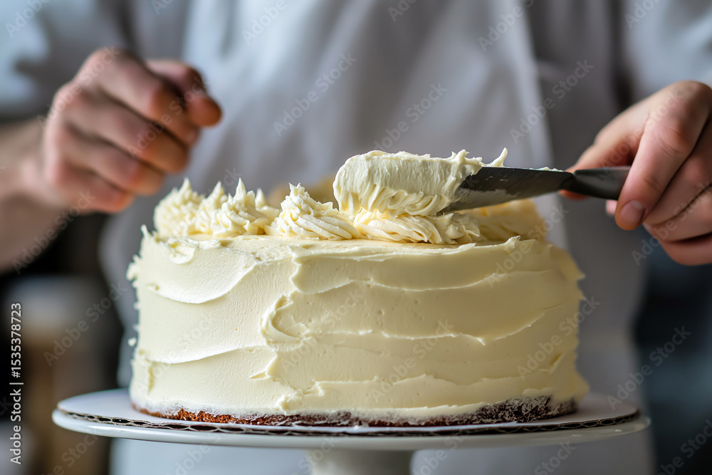 custom made wallpaper toronto digitalChef using offset spatula to smooth frosting on a cake, close-up of steady hands and creamy texture.