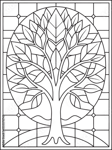 Elegant tree of life coloring page for adults in stained glass style