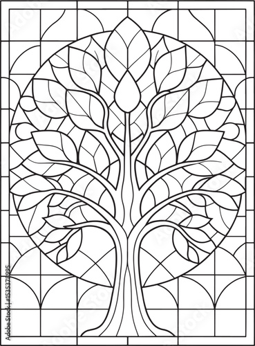 Tree of life adult coloring page window style stained glass art