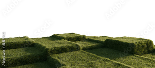 Square grassy blocks terrain with natural lighting. 3D rendering.	