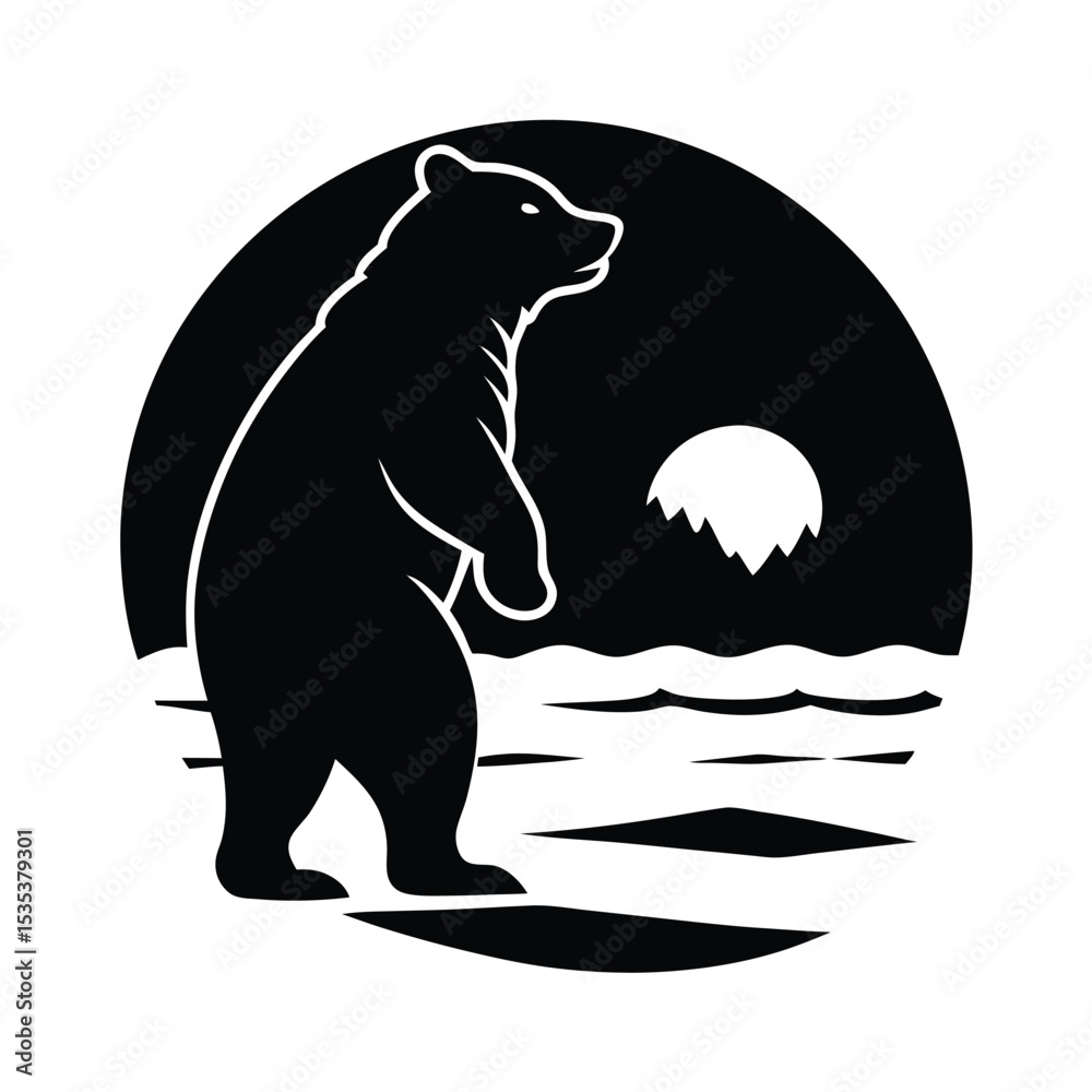 Fototapeta premium Bear Silhouette Standing in Nature with Moon and Mountains