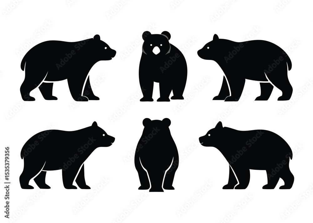 Fototapeta premium Silhouettes of black bears in multiple poses against white background for design resources