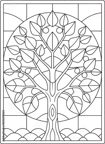 Tree of life art design coloring page in stained glass style