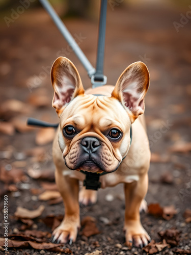fawn french bulldog ready for a walk