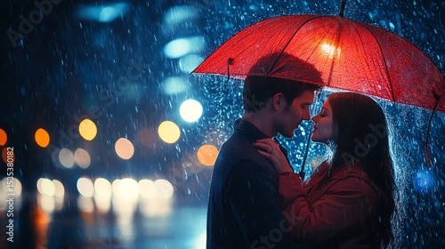 Couple kissing under an umbrella in the rain at night.