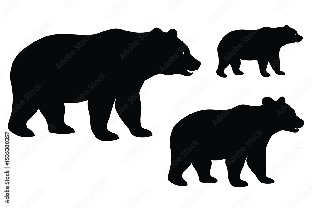 Fototapeta premium Three black bear silhouettes showing different poses perfect for use in design projects