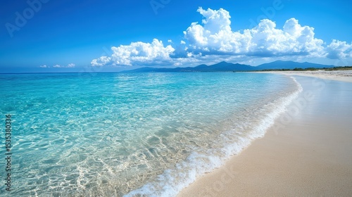 A pristine beach with clear turquoise water, gentle waves, white sand, under a bright blue sky with fluffy clouds and distant mountains.