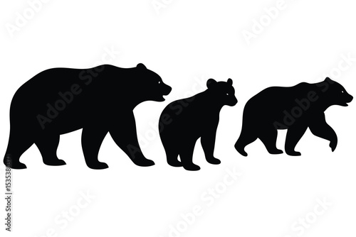 Three black bear silhouettes walking together on white background illustrating wildlife theme