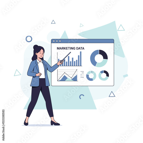 Young entrepreneur presenting data charts in front of a large screen, minimal marketing style, flat design illustration