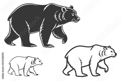 Vector illustration of a bear in different poses for logos and graphic design elements.