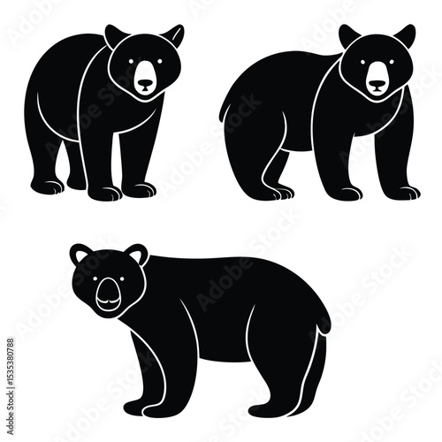Vector illustration of black bear silhouettes in various poses for wildlife designs