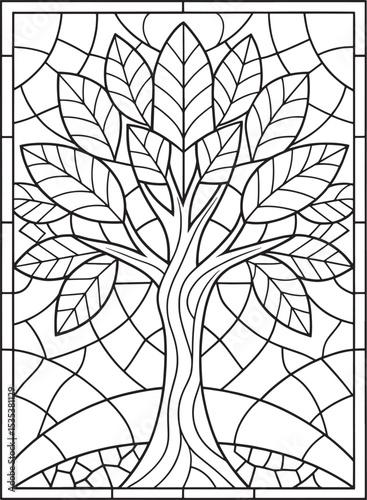 Nature tree stained glass coloring page with leaves and branches