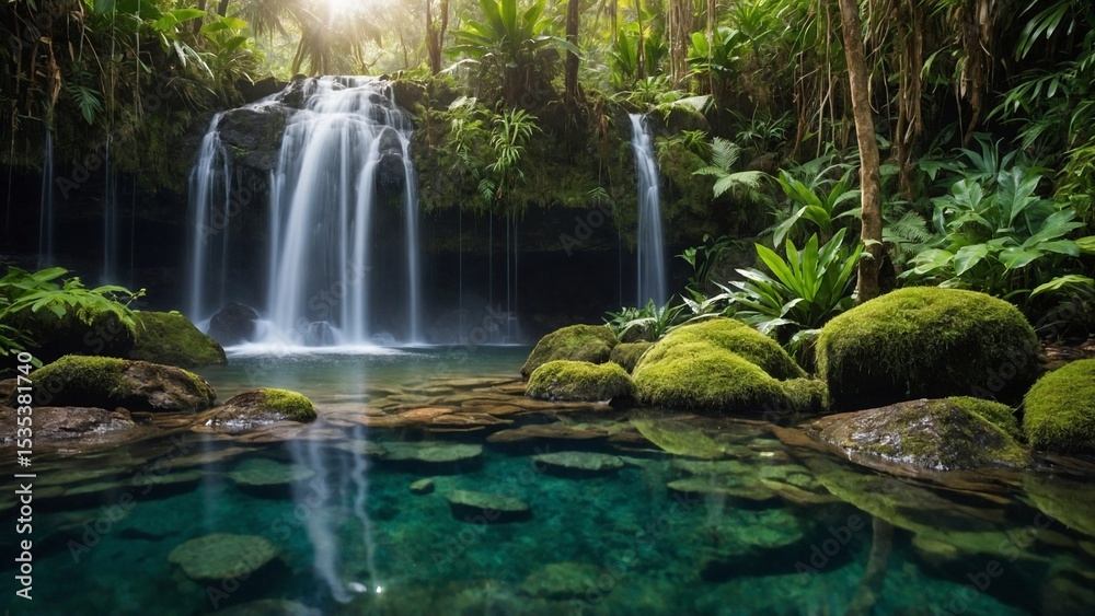Naklejka premium Serene Waterfall in Rainforest: A breathtaking panorama unfolds as a cascading waterfall spills into a clear, tranquil pool, surrounded by lush rainforest foliage and verdant moss-covered rocks.