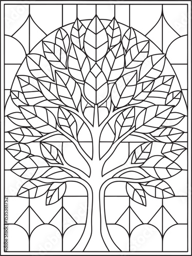 Tree of life adult coloring book page stained glass nature design