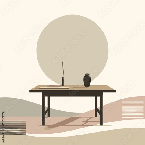 Minimalist table with vase and incense holder in abstract landscape  