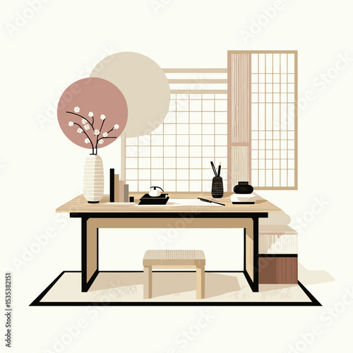 Minimalist desk design with decorative elements in calming colors  