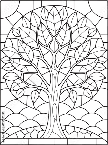 Stained glass tree of life coloring page adult art therapy style