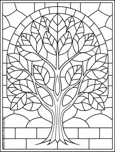 Tree of life stained glass coloring page for books and crafts