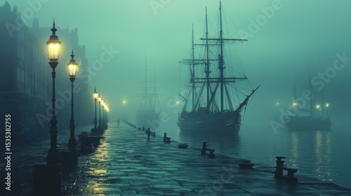 Atmospheric harbor scene featuring vintage ships shrouded in dense fog and mystique