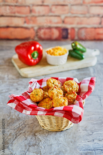 Photography cheddar cornbread fritters with jalapeno and bell pepper