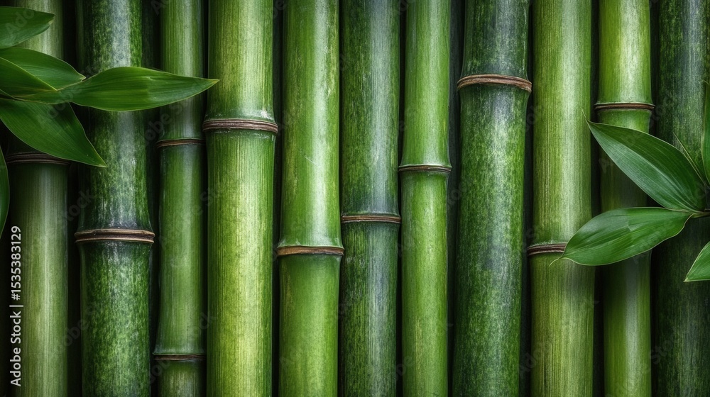 Fototapeta premium Close-up image of vibrant green bamboo stalks with fresh leaves, showcasing natural texture and vertical alignment.