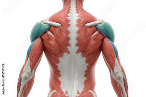 Detailed anatomical illustration of the back and shoulder muscles